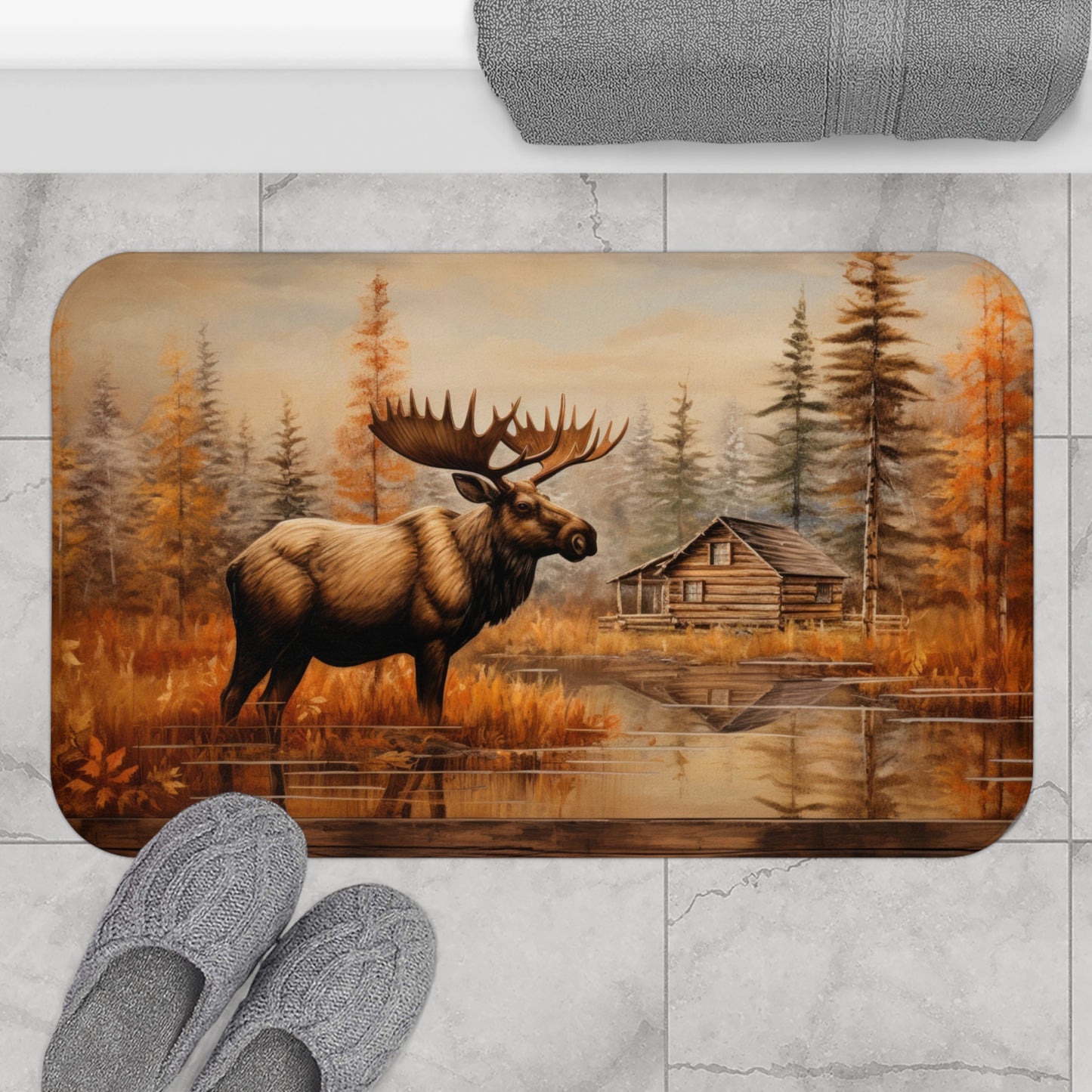 Rustic Cabin with Moose Bath Mat - Non-Slip Rug, Bathroom Decor, Half Bath, Home Accessories #4746