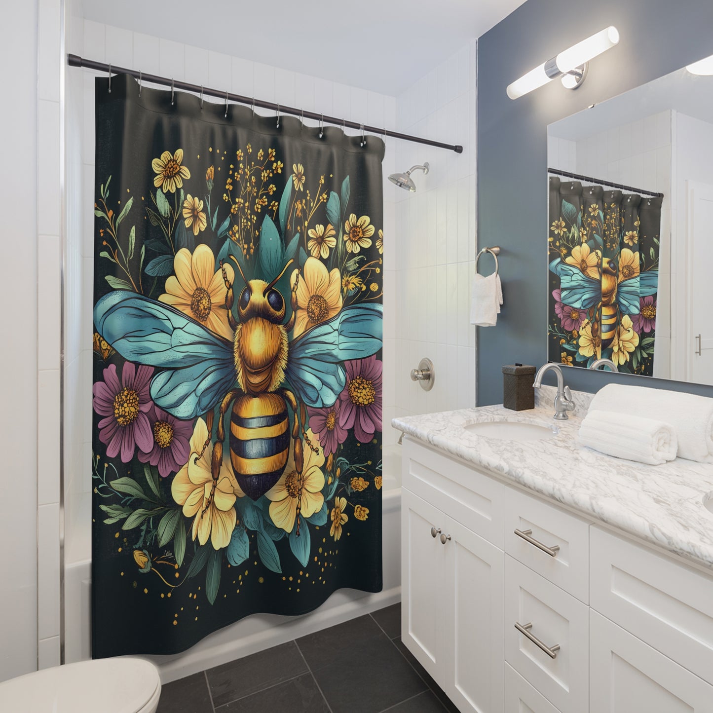 Shower Curtain - Floral Bumble Bee Design , Bath Decor, Unique Housewarming Gift #5050