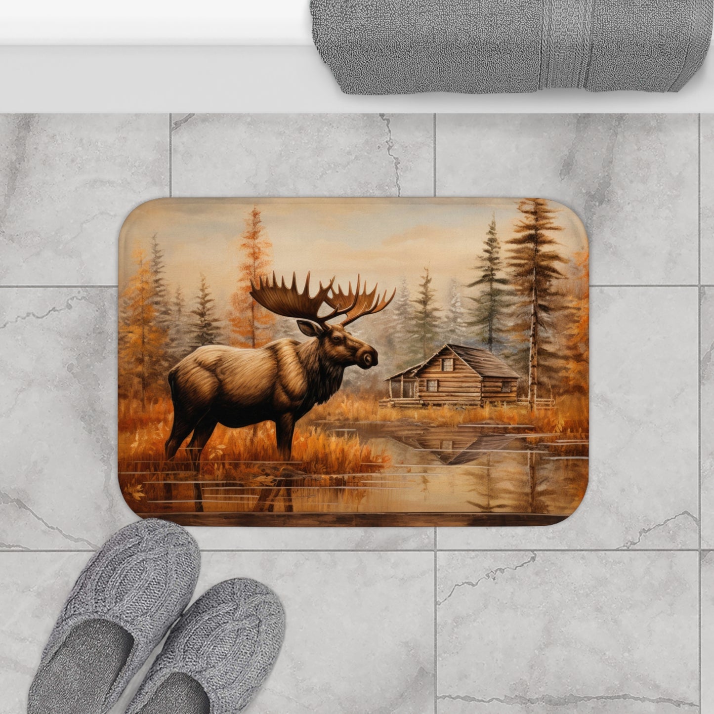Rustic Cabin with Moose Bath Mat - Non-Slip Rug, Bathroom Decor, Half Bath, Home Accessories #4746