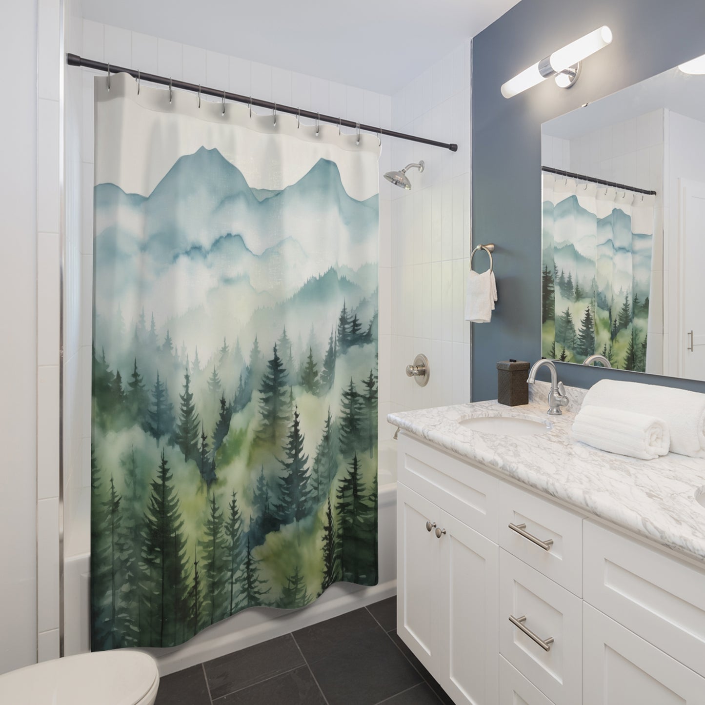 Misty Forest Shower Curtains, Rustic Bathroom Decor, Nature Inspired Bath Curtain, Peaceful Home Decor, Watercolor Mountains #5087