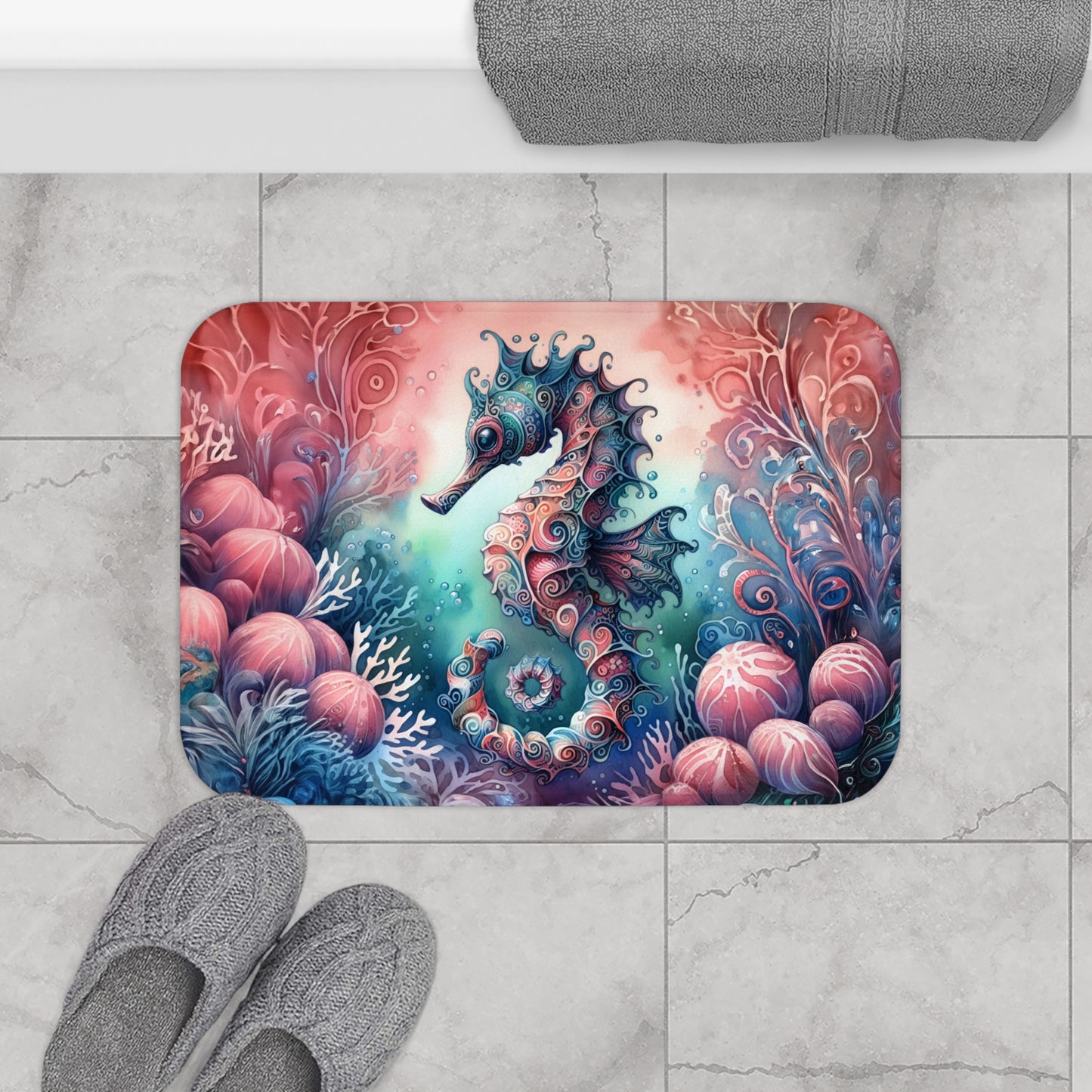 Mystical Seahorse Colorful Bath Accent Rug - Bath Mat, Non-Slip, Beach Decor, Ocean Decor #5155