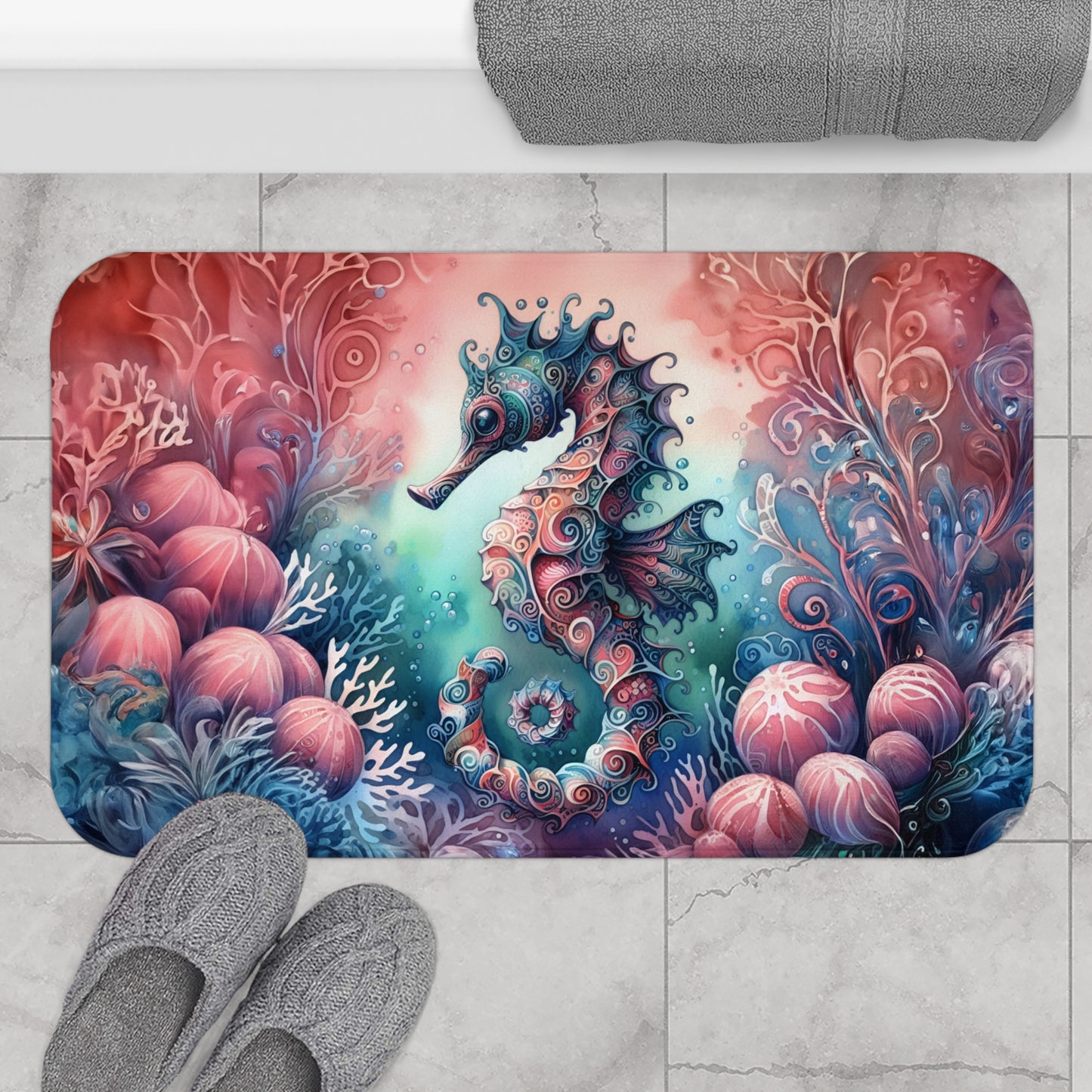 Mystical Seahorse Colorful Bath Accent Rug - Bath Mat, Non-Slip, Beach Decor, Ocean Decor #5155
