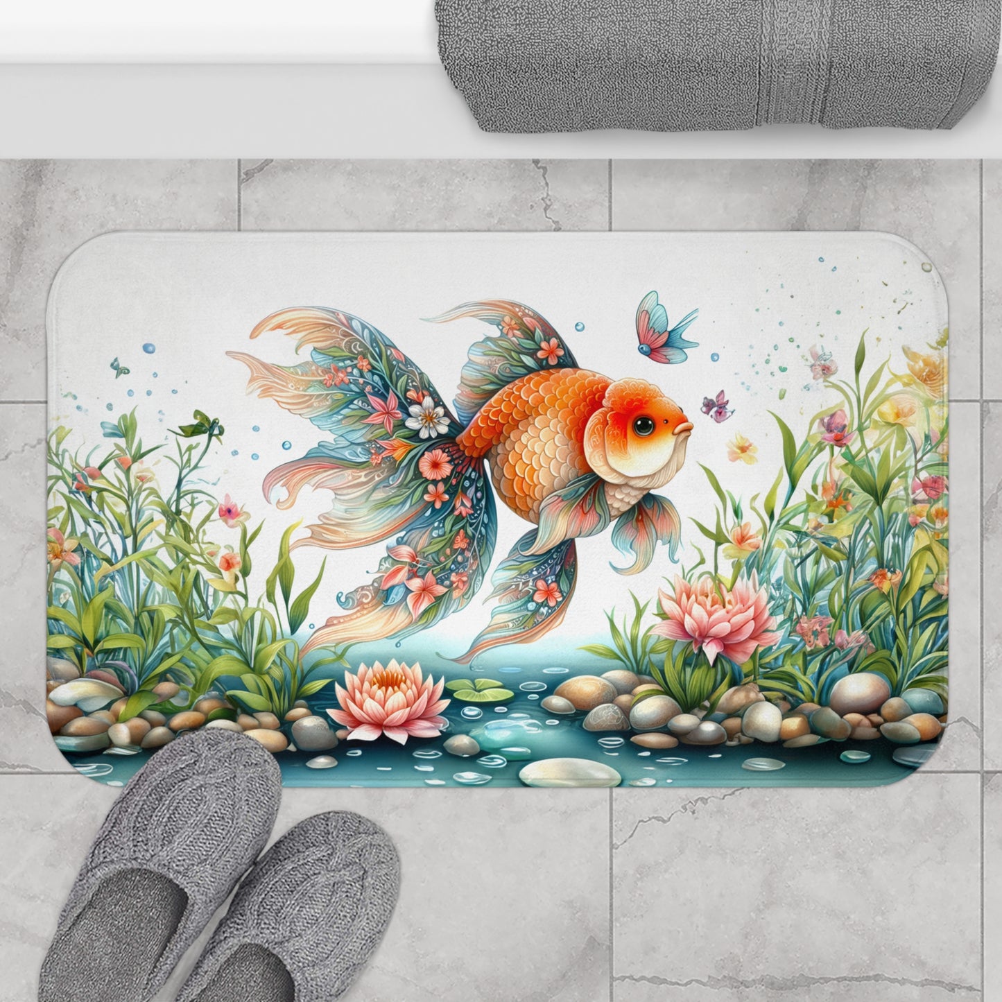 Playful Goldfish in a Pond Colorful Bath Accent Rug - Bath Mat, Non-Slip #5152