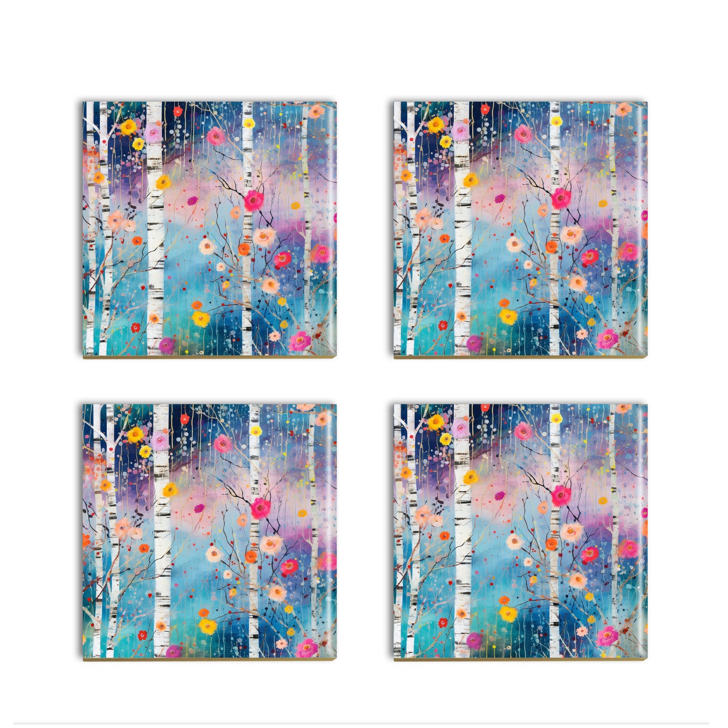 a set of four coasters with trees painted on them