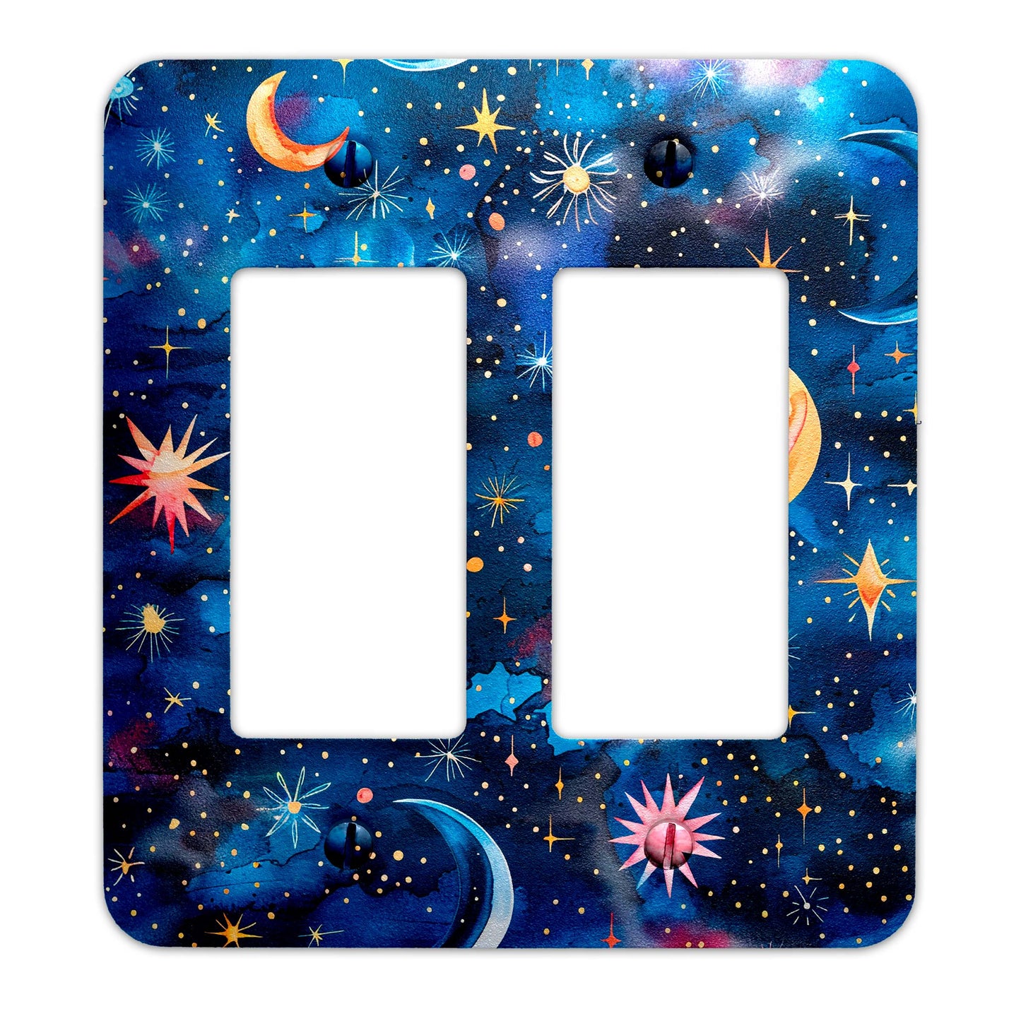 a double light switch cover with stars and planets
