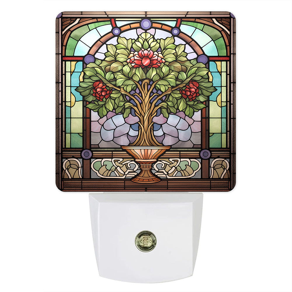 Nightlight - Potted Plant on Stained Glass Ceramic Tile Custom LED Dusk to Dawn Night Light, Home Decor, Wall Art #5261