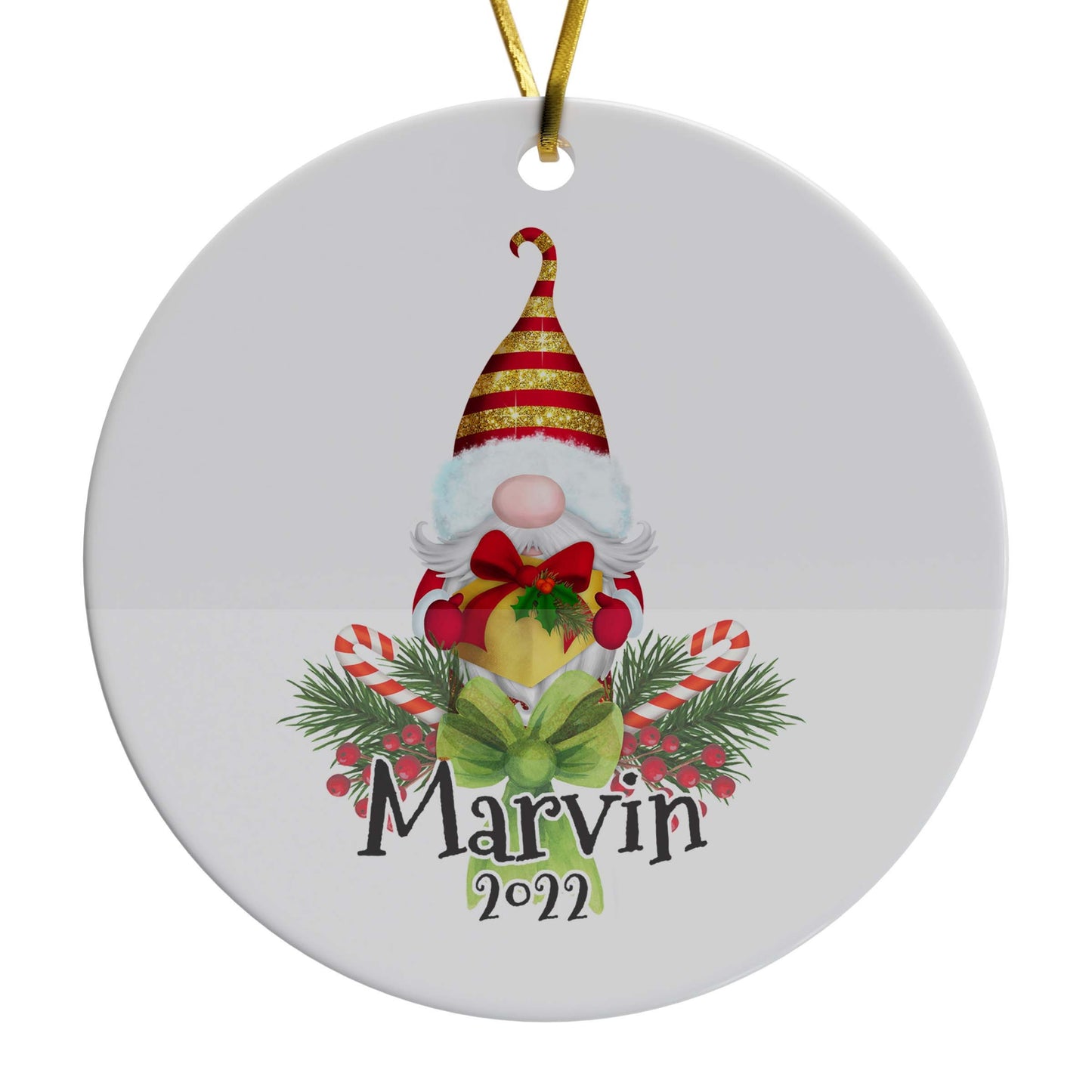 Gnome with Gift - Personalized Ceramic Christmas Ornament with Name and Date