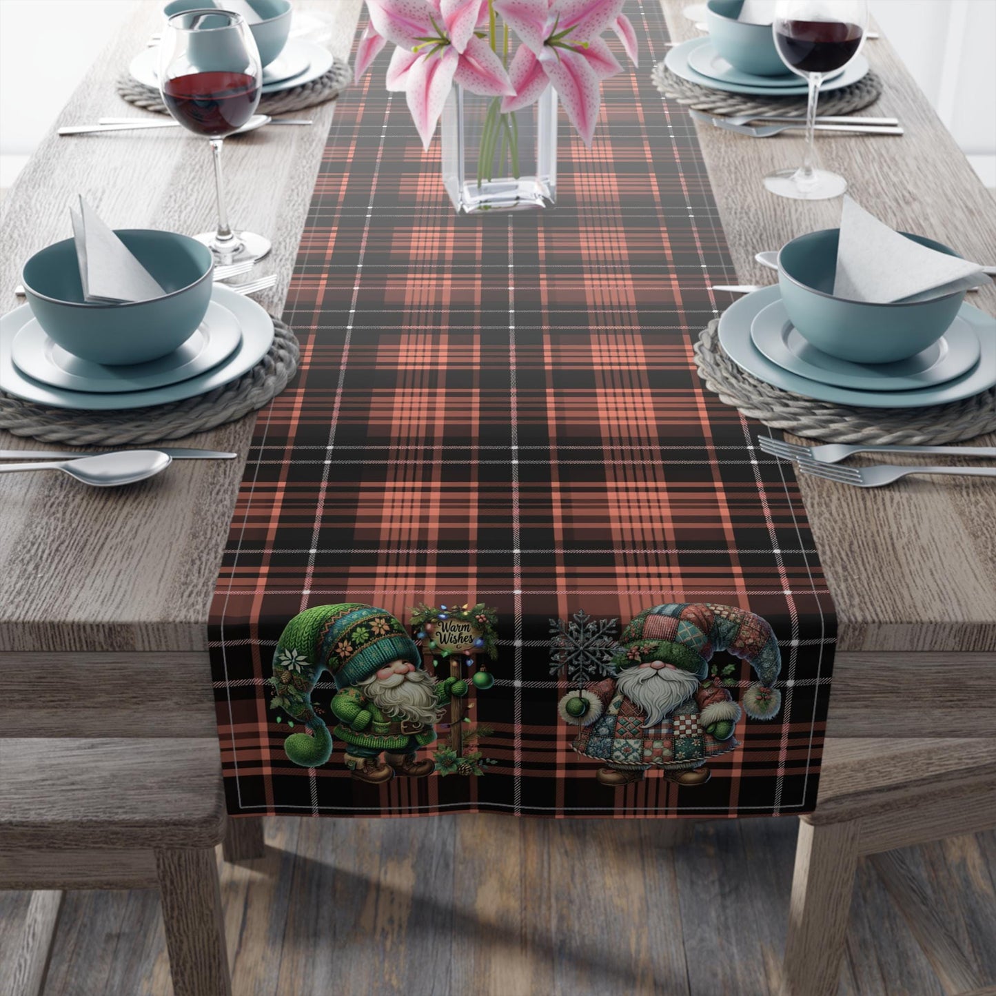 Table Runner, Red Plaid with Holiday Gnomes, Home Decor Accent, May be Personalized - Christmas Dining Room Table Decor, Festive Home