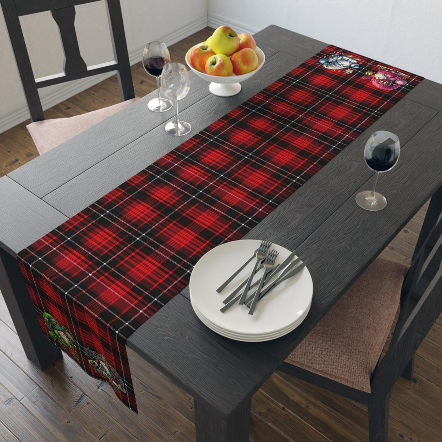 Table Runner, Red Plaid with Holiday Gnomes, Home Decor Accent, May be Personalized - Christmas Dining Room Table Decor, Festive Home