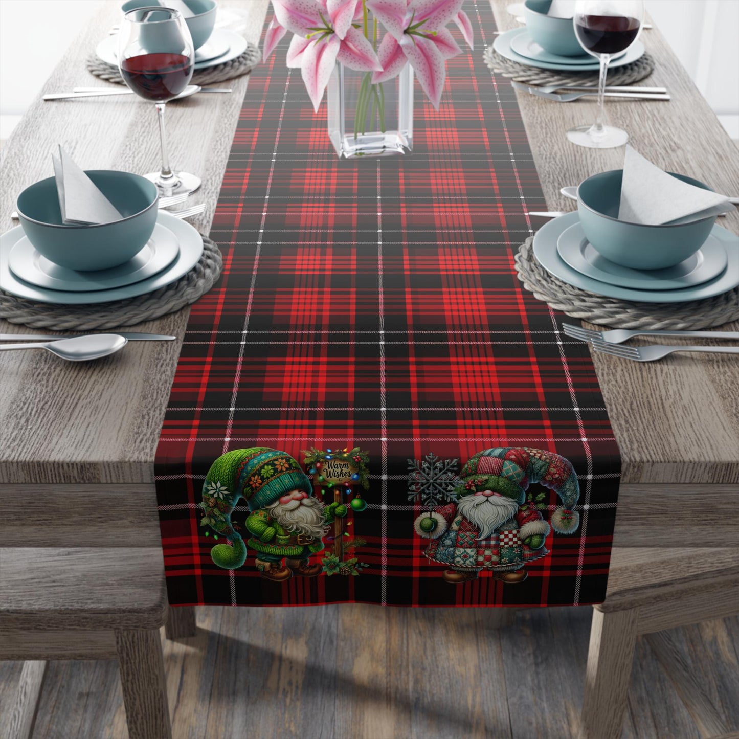 Table Runner, Red Plaid with Holiday Gnomes, Home Decor Accent, May be Personalized - Christmas Dining Room Table Decor, Festive Home