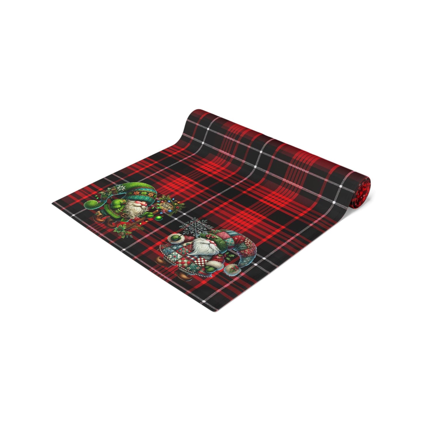 Table Runner, Red Plaid with Holiday Gnomes, Home Decor Accent, May be Personalized - Christmas Dining Room Table Decor, Festive Home
