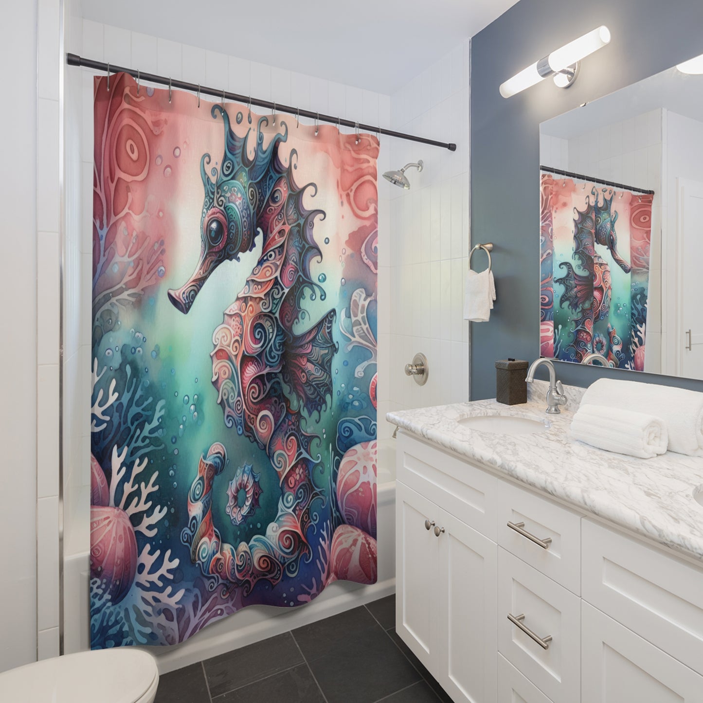 Shower Curtain - Mystical Seahorse, Bathroom Makeover, Tropical Decor, Nature-Inspired, Ocean Decor 71 x 74 inches  #5155