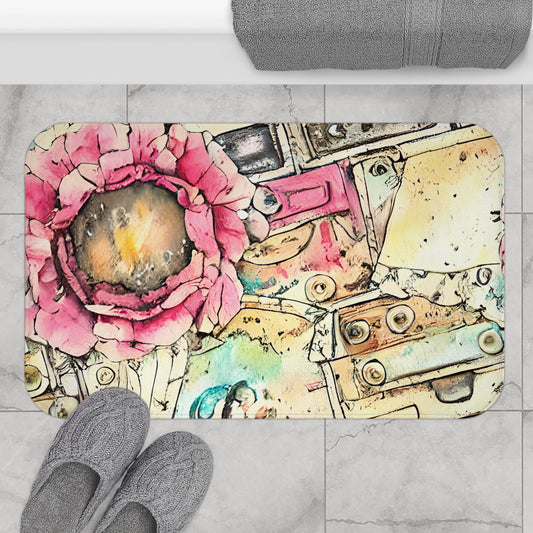 Retro 90's Pink Flower and Cassette Tapes, Home Accent Rug - Vintage Bathroom Decor, Elegant Shower Mat, Non-Slip Bath Mat #5113