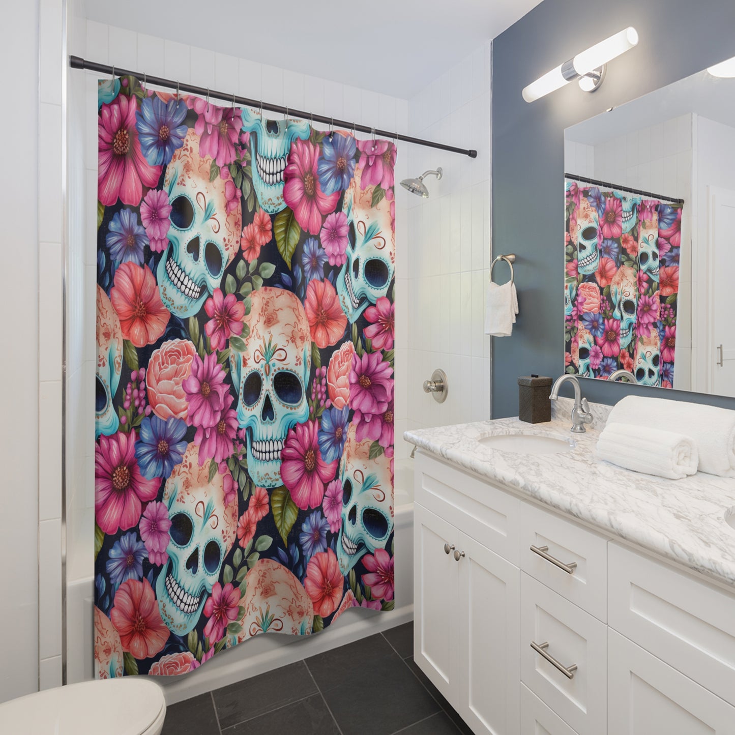 Floral Sugar Skull Shower Curtain - Day of the Dead Bathroom Decor, Gothic Skulls Bath Curtain, Boho Floral Bath Accessories, Unique #5181
