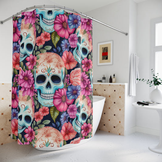 Floral Sugar Skull Shower Curtain - Day of the Dead Bathroom Decor, Gothic Skulls Bath Curtain, Boho Floral Bath Accessories, Unique #5181