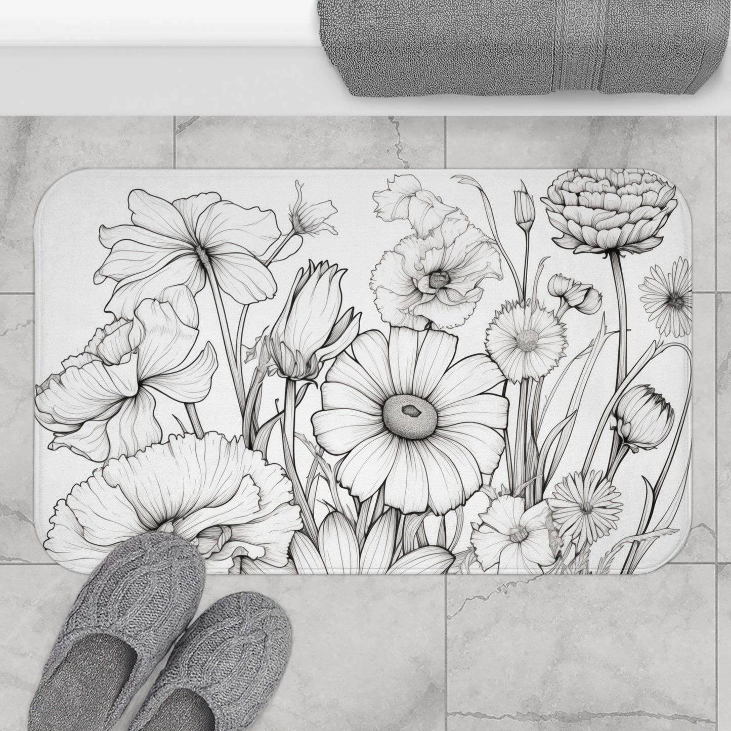 Bath Mat - Wildflowers in Black and White Pattern, Bathroom Décor, Floral Décor, Bathroom Art #5093