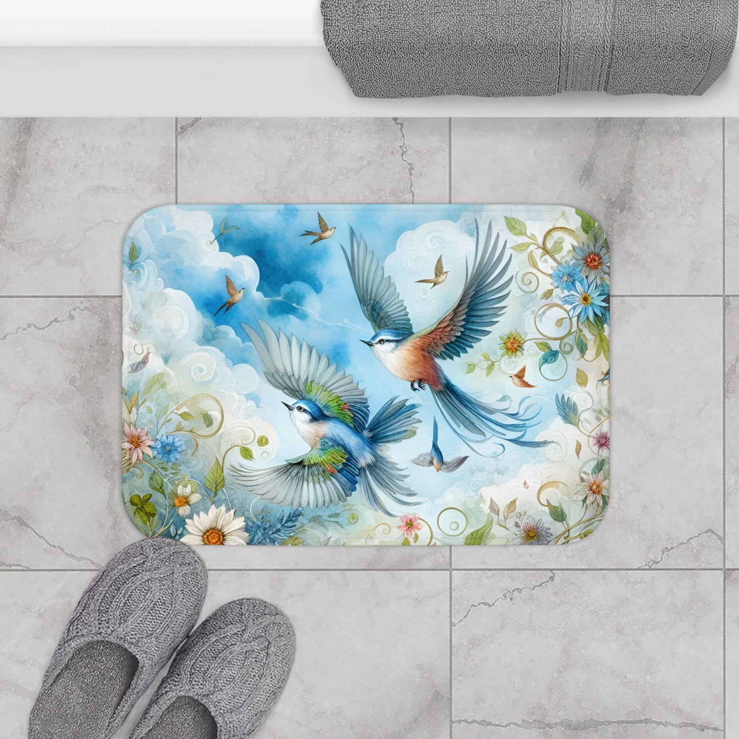 Bluebirds in Flight Bath Accent Rug -  Bath Mat, Non-Slip #5151