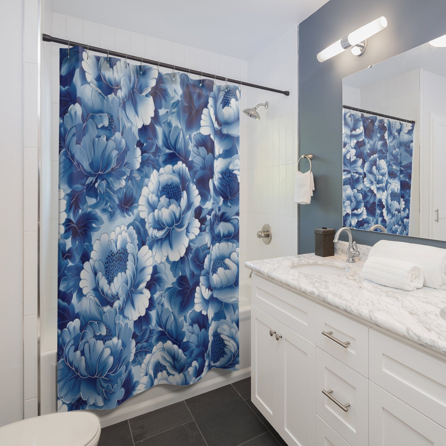 Shower Curtain - Asian Inspired Toile Blue & White Flowers, Bath Décor, Unique Housewarming Gift  #5021