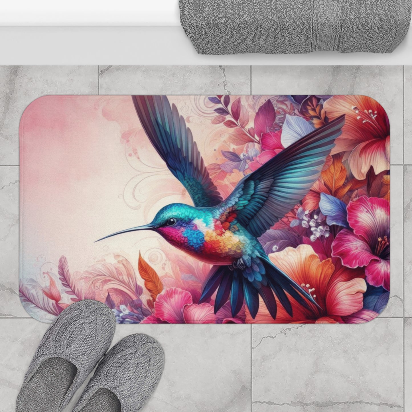 Bath Mat - Delicate Hummingbird Bath Accent Rug -  Vibrant Colorful Bath Mat, Non-Slip #5127