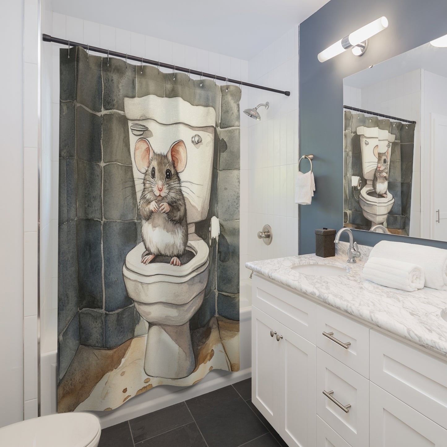 Shower Curtain - Grungy Mouse on the Toilet, Fun Bathroom Decor, Bathroom Makeover,  Conversation Starter #5145