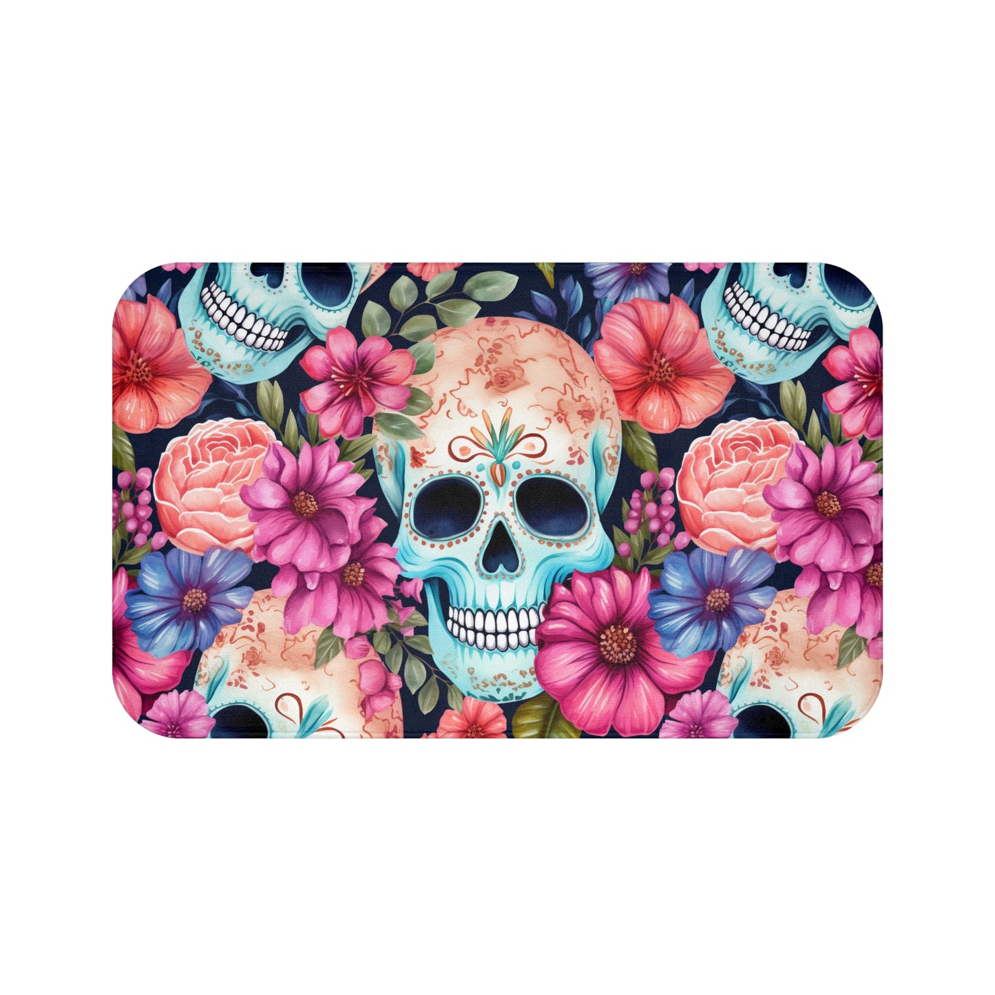 Floral Sugar Skulls Bath Mat - Non-Slip Bathroom Rug, Day of the Dead Decor, Shower Mat, Boho Home Accent, Skull Flower Bath