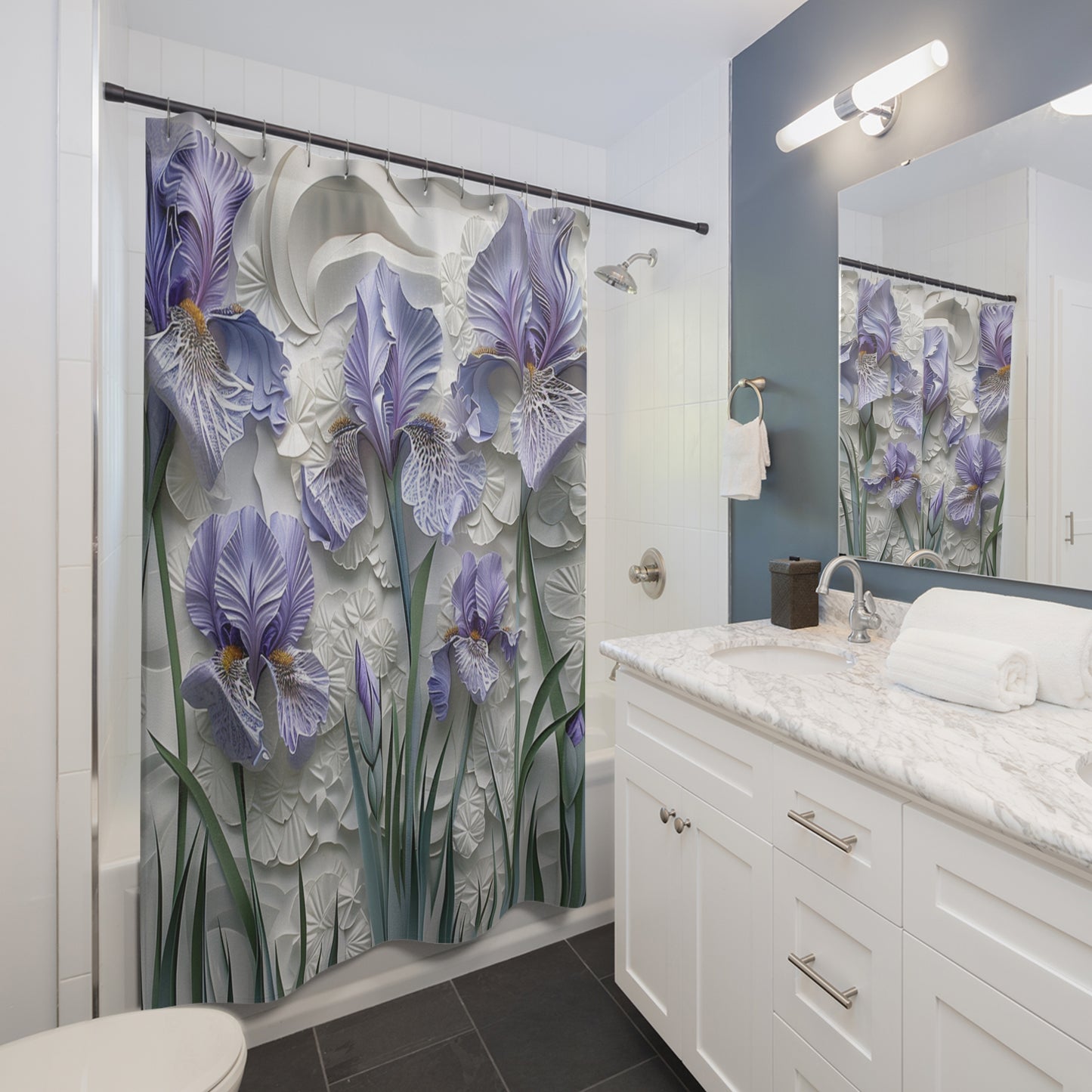 Irises Textured Look Shower Curtain, Floral Bath Decor, Botanical Bathroom Decor, Bohemian Floral #5105