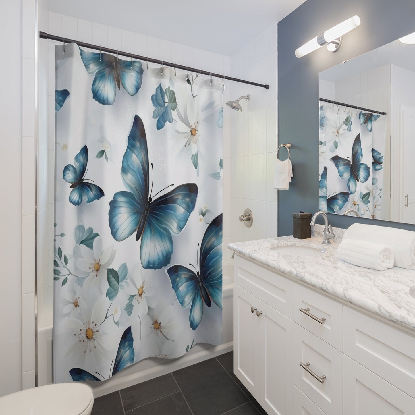 Blue Butterflies and Flowers Shower Curtain,  Nature Bathroom Decor, Botanical Bath Decor, Nature-Inspired Bathroom, Serene Bath Decor #5114