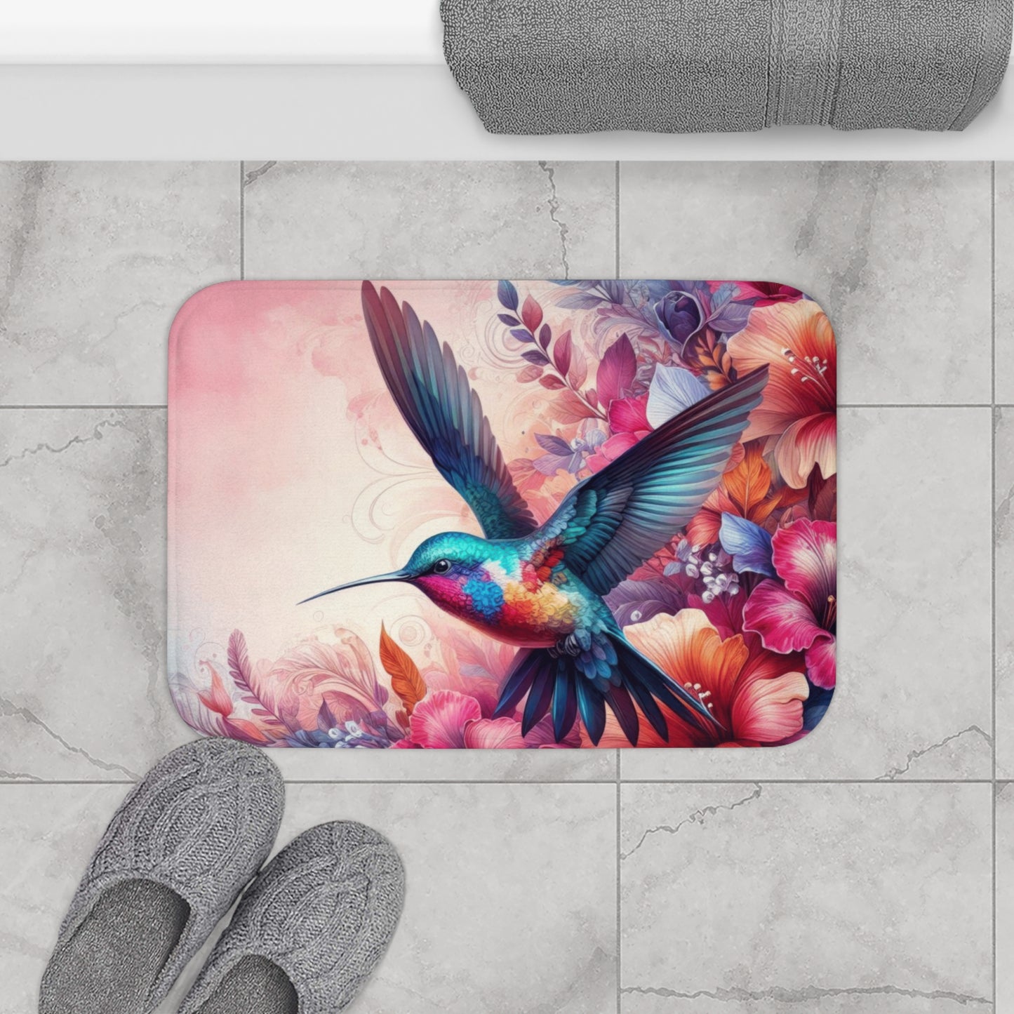 Bath Mat - Delicate Hummingbird Bath Accent Rug -  Vibrant Colorful Bath Mat, Non-Slip #5127