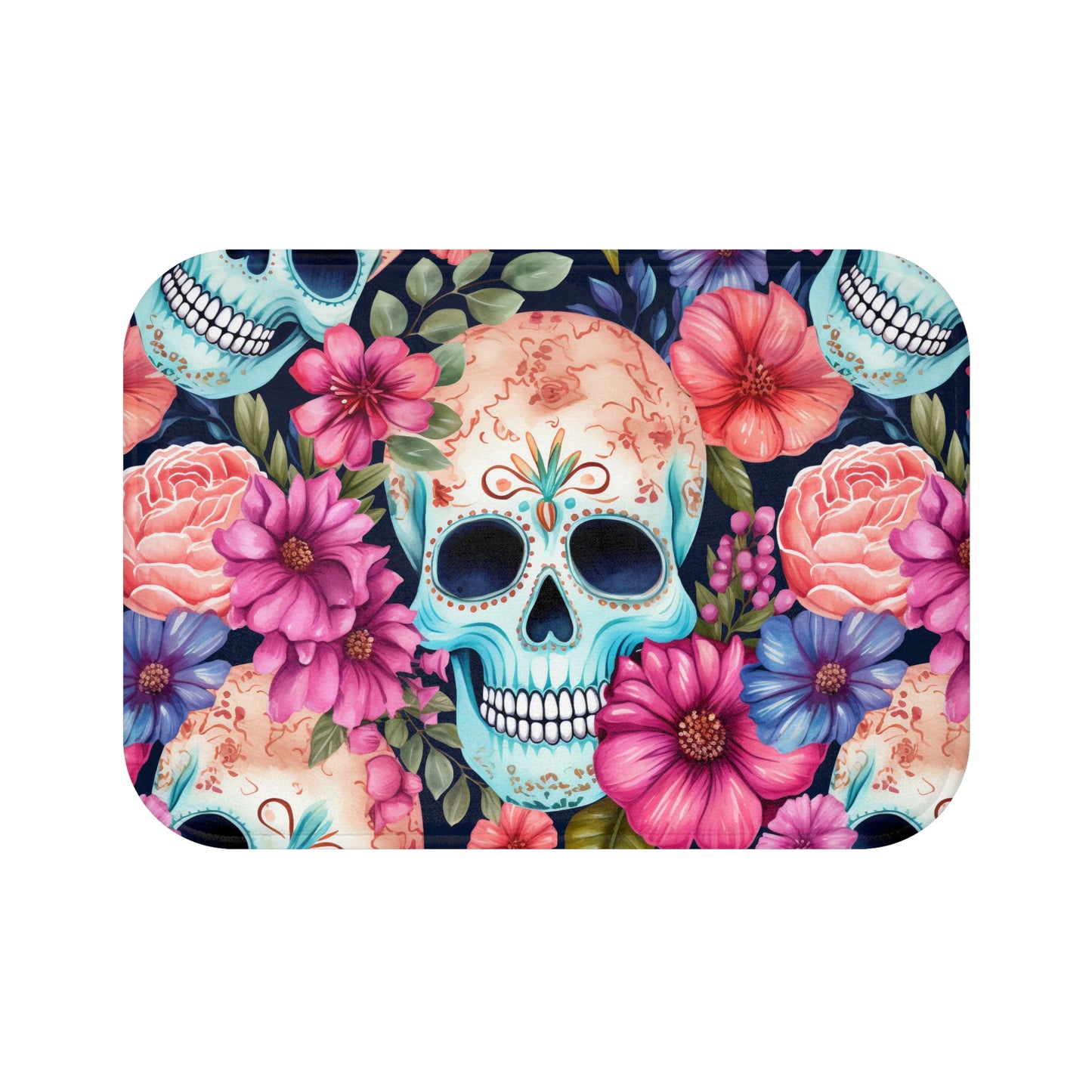 Floral Sugar Skulls Bath Mat - Non-Slip Bathroom Rug, Day of the Dead Decor, Shower Mat, Boho Home Accent, Skull Flower Bath