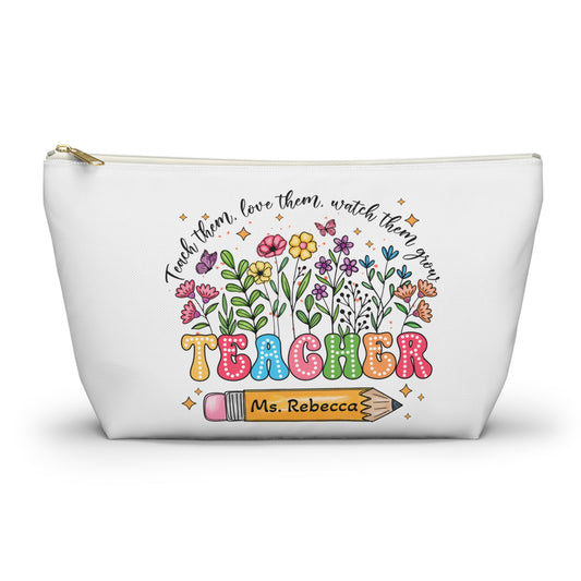 Teacher Wildflowers Personalized Pencil, Accessory, Cosmetic, Makeup Bag w T-bottom, #5164