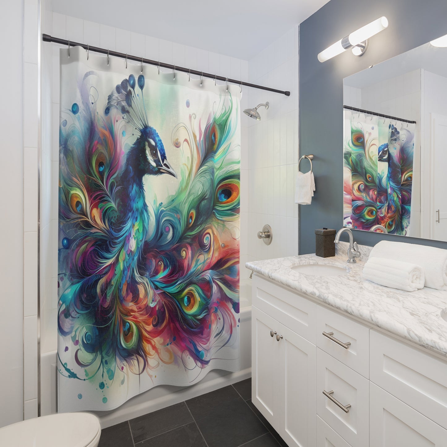 Custom Shower Curtain - Colorful Watercolor Peacock, Bathroom Makeover, Nature-Inspired,  71 x 74 inches  #5159