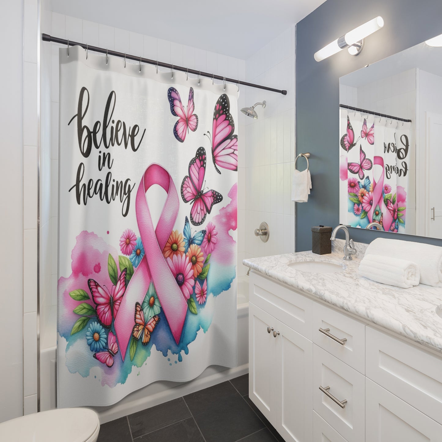 Shower Curtain - Believe in Healing, Breast Cancer Affirmation Design, Bath Decor, Survivor #5055