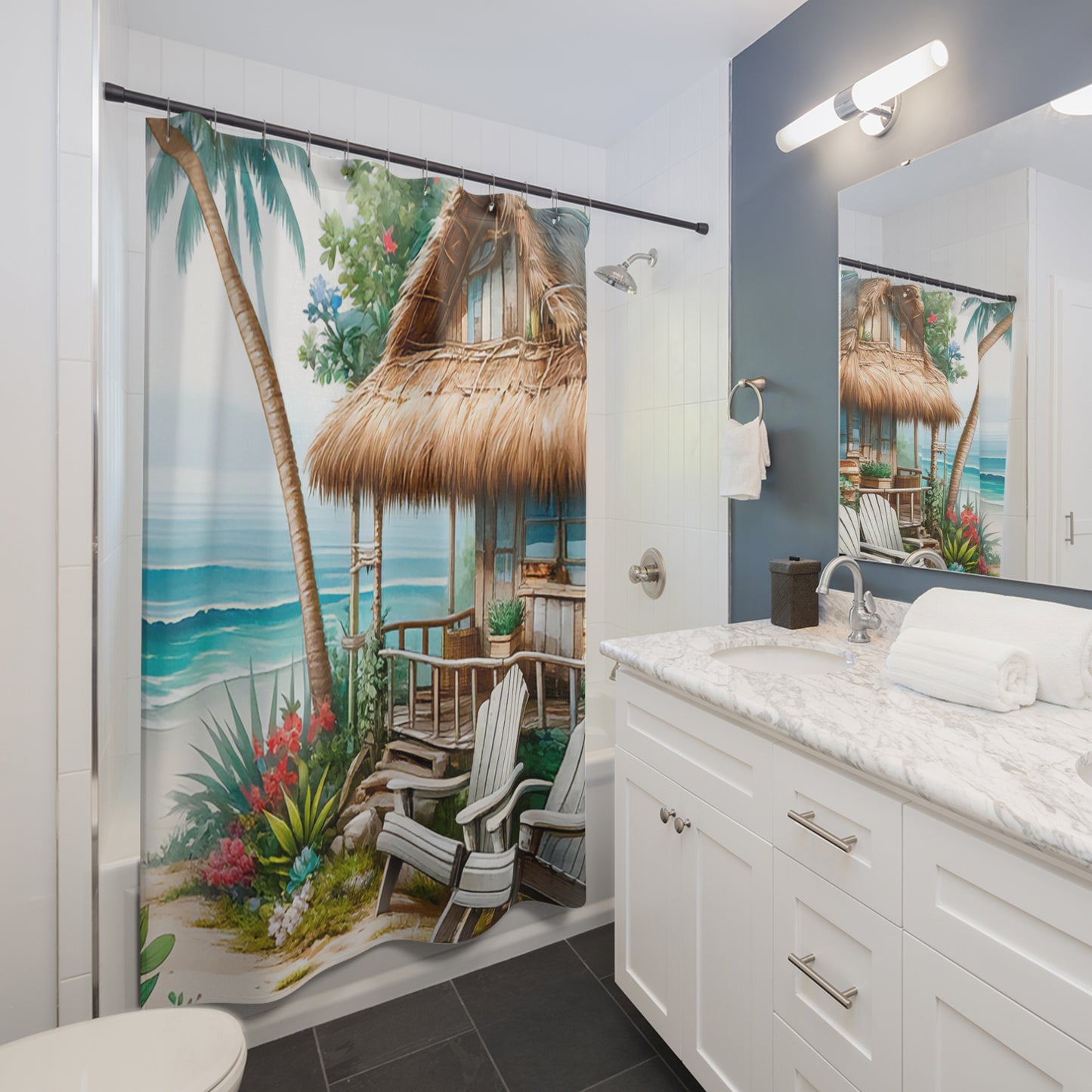 Beach Tiki Hut Shower Curtains, Ocean Bathroom Décor, Tropical Nature Home Accessory, Beach Bath Curtain, 4848