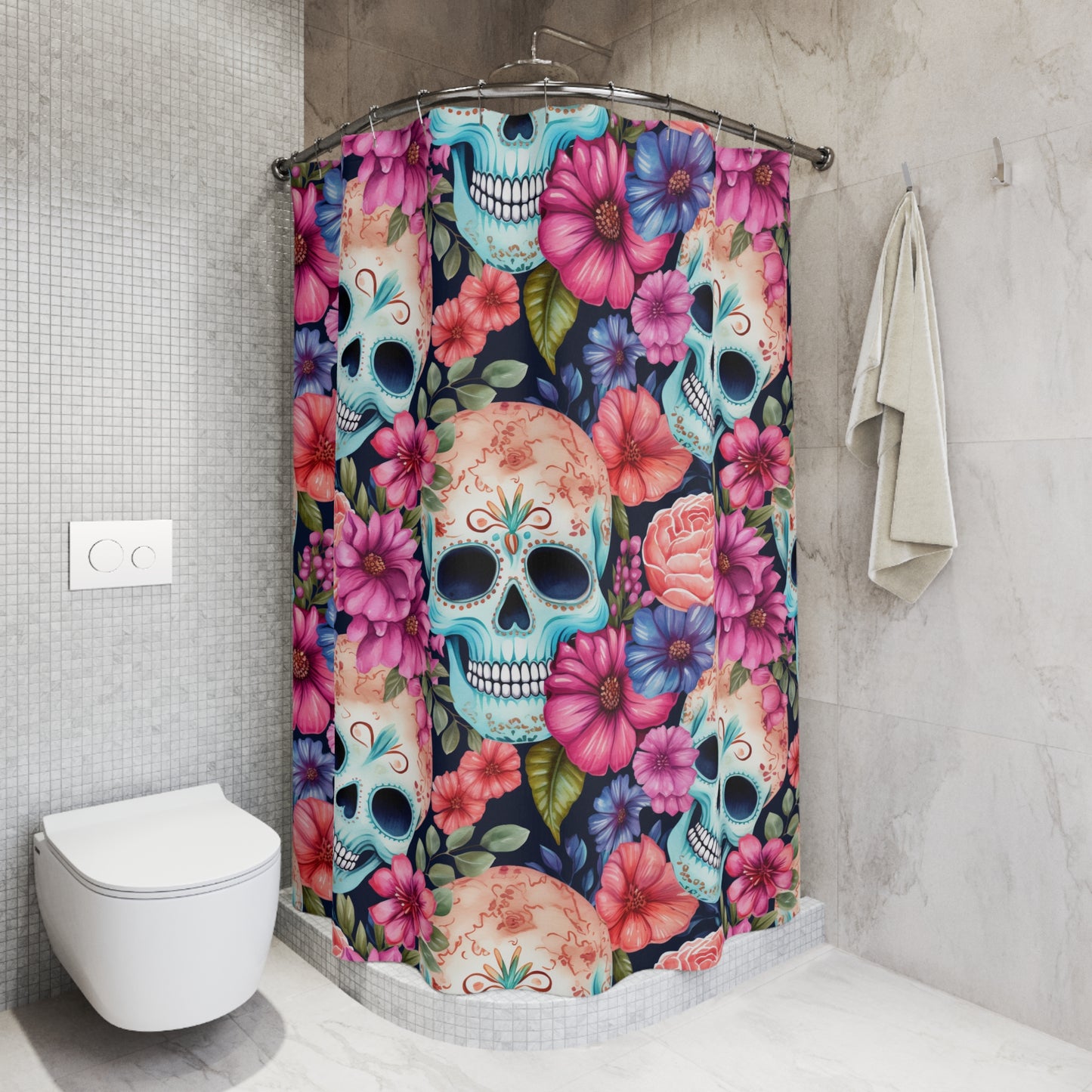 Floral Sugar Skull Shower Curtain - Day of the Dead Bathroom Decor, Gothic Skulls Bath Curtain, Boho Floral Bath Accessories, Unique #5181
