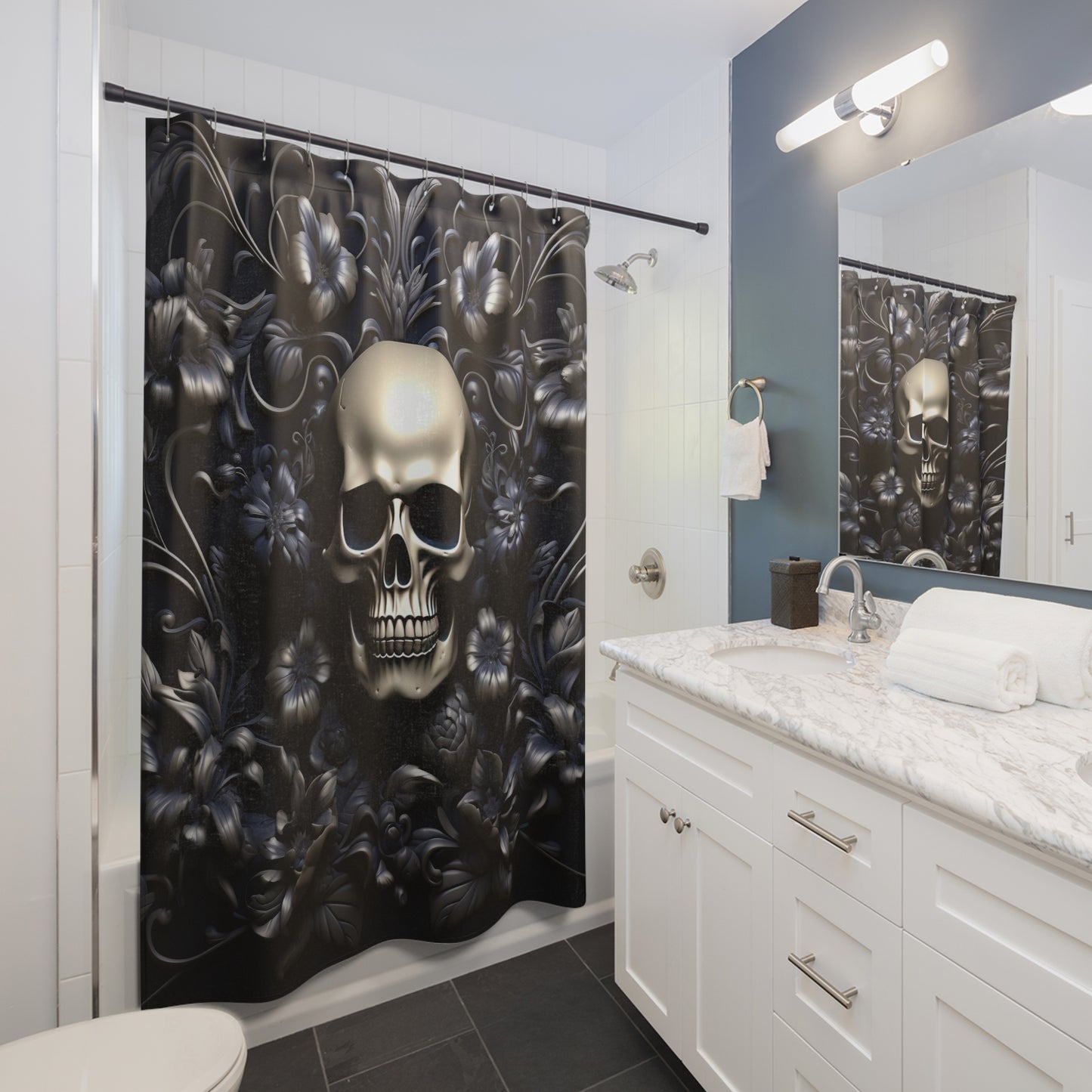 Shower Curtain - Skull and Flowers Design, Bath Decor, Goth Decor #5054