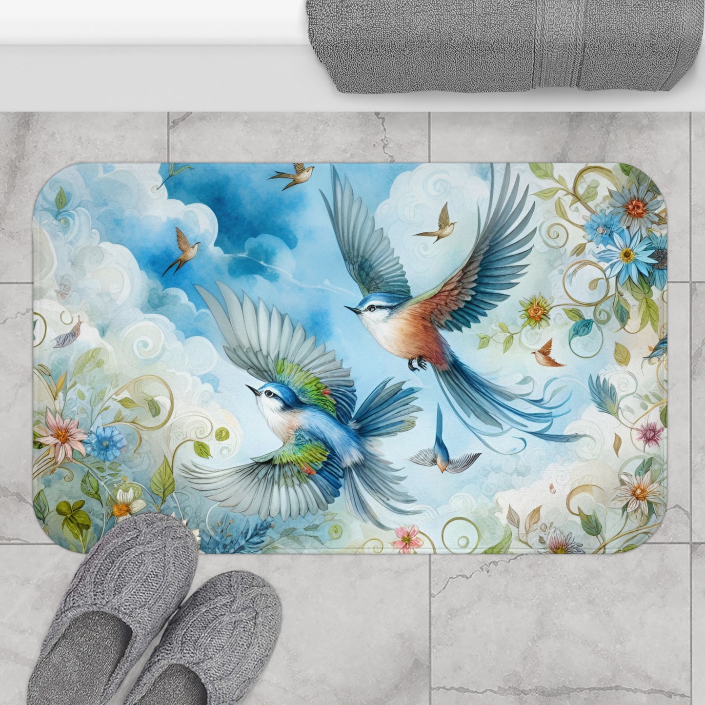 Bluebirds in Flight Bath Accent Rug -  Bath Mat, Non-Slip #5151