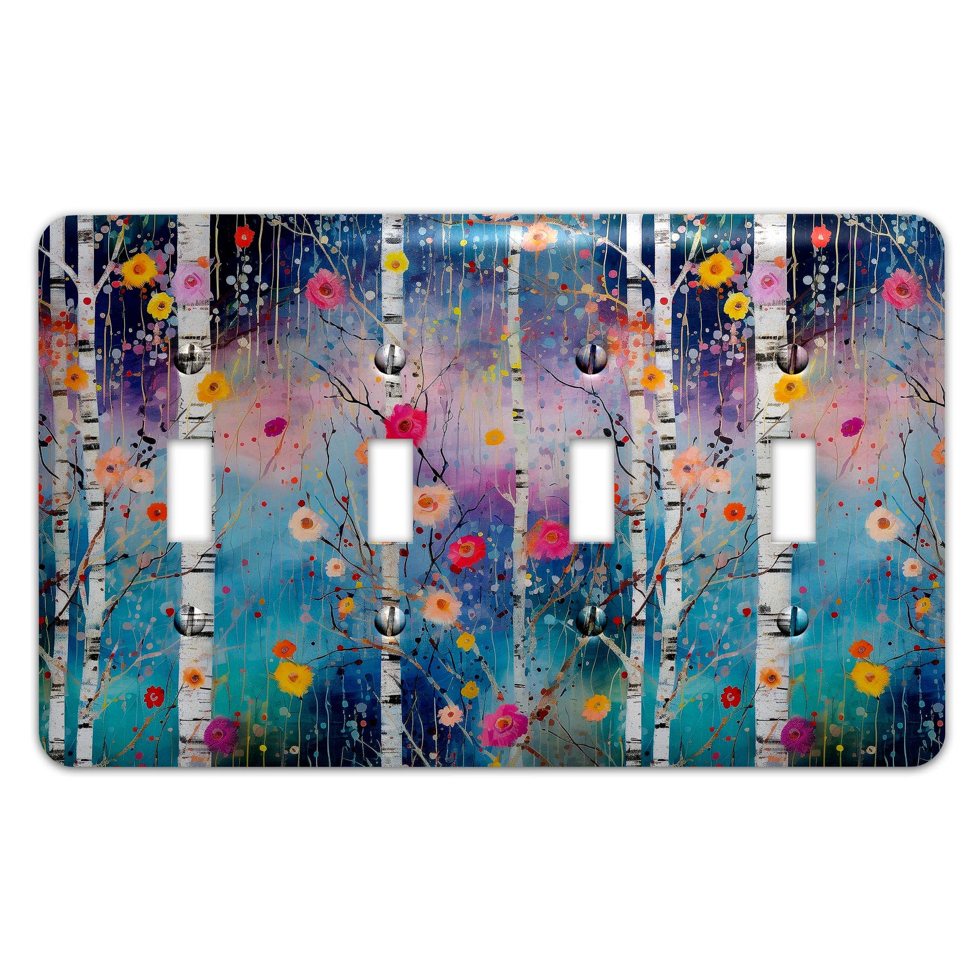 a colorful painting of trees and flowers on a light switch cover