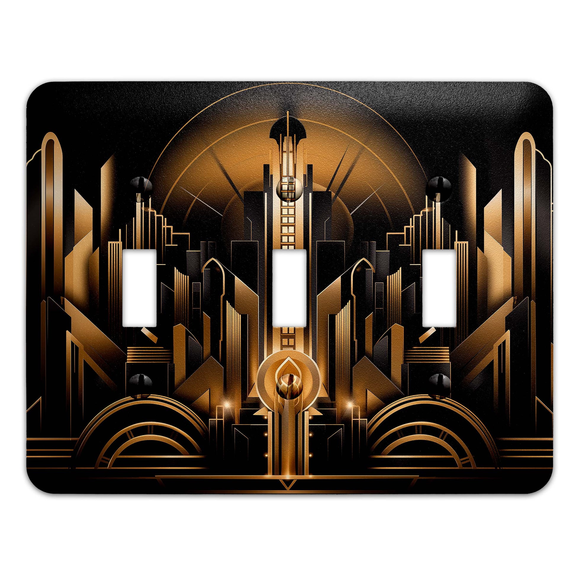 a black and gold art deco light switch plate cover