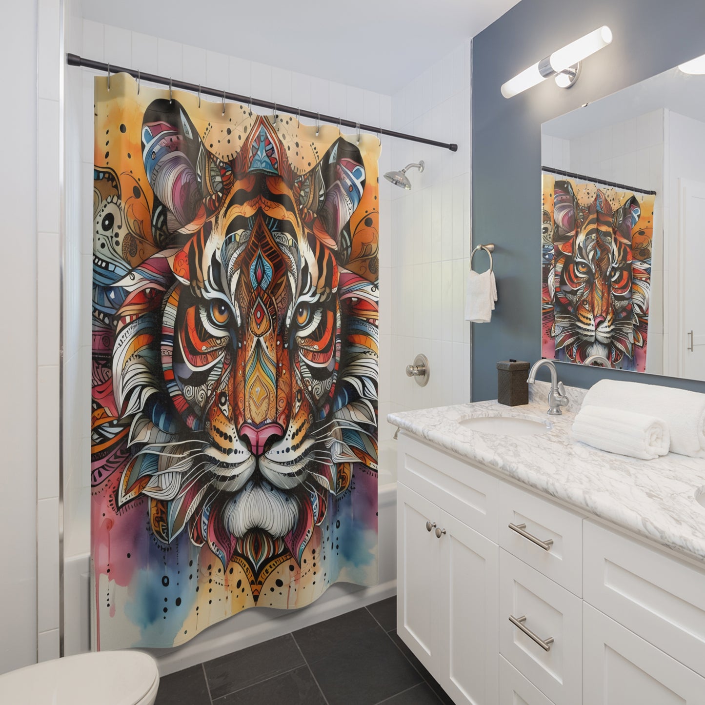 Custom Shower Curtain - Tribal Tiger Face, Bathroom Makeover, Rustic Decor, Nature-Inspired, Mystical Decor 71 x 74 inches  #5158