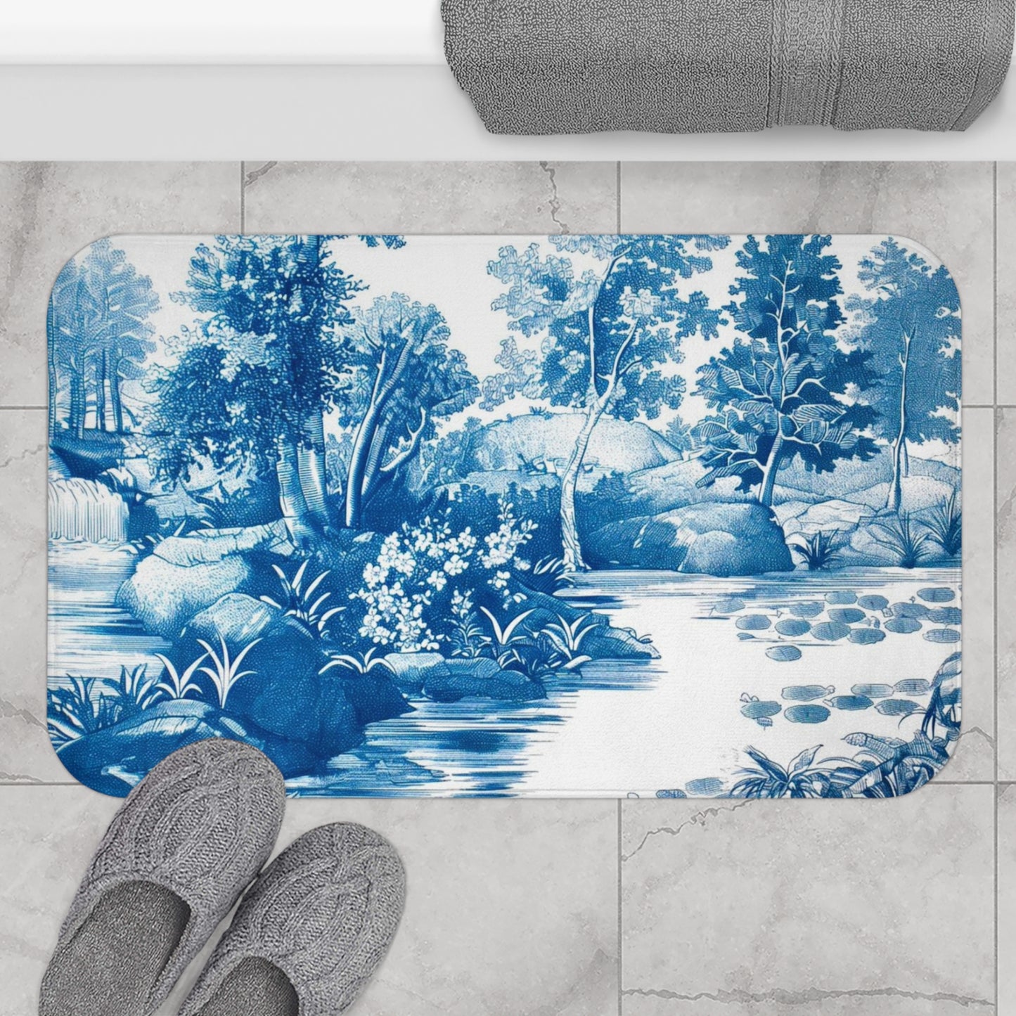 Bath Mat - Blue Toile, Bathroom Decor, Bathroom Art #4796
