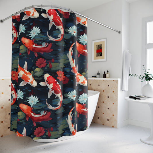 Koi Pond Shower Curtains - Tranquil Bathroom Decor, Fish Theme Bath Curtain, Zen Bathroom Accessories, Water Scene Home Goods, Japanese Carp