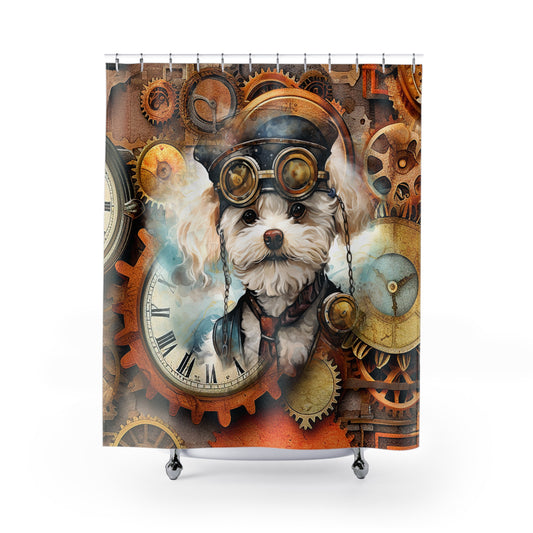 Shower Curtain - Timeless Steam Punk Dog, Bichon Frise, Bath Decor, Dog Mom, Dog Lover #5055