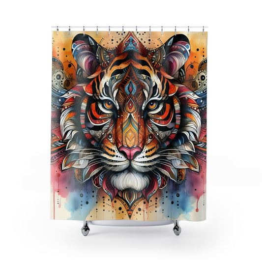 Custom Shower Curtain - Tribal Tiger Face, Bathroom Makeover, Rustic Decor, Nature-Inspired, Mystical Decor 71 x 74 inches  #5158
