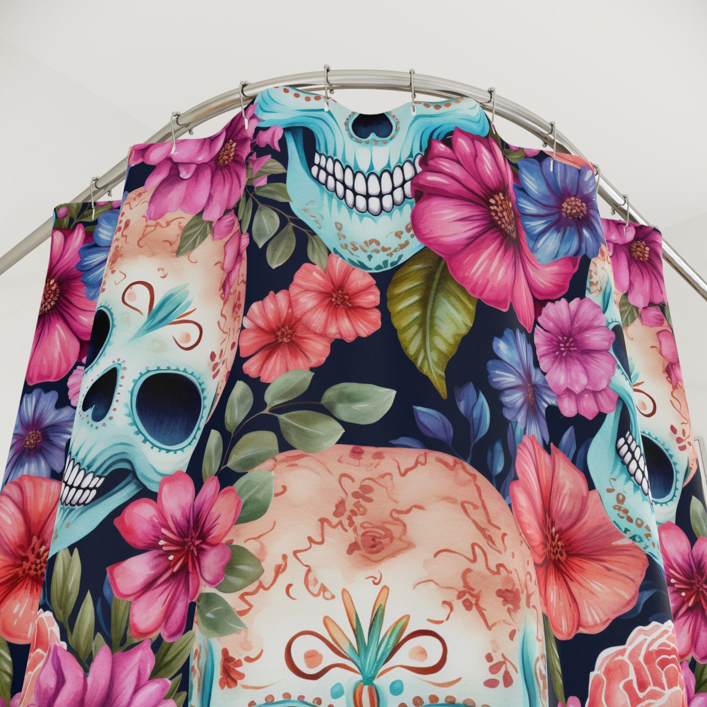 Floral Sugar Skull Shower Curtain - Day of the Dead Bathroom Decor, Gothic Skulls Bath Curtain, Boho Floral Bath Accessories, Unique #5181