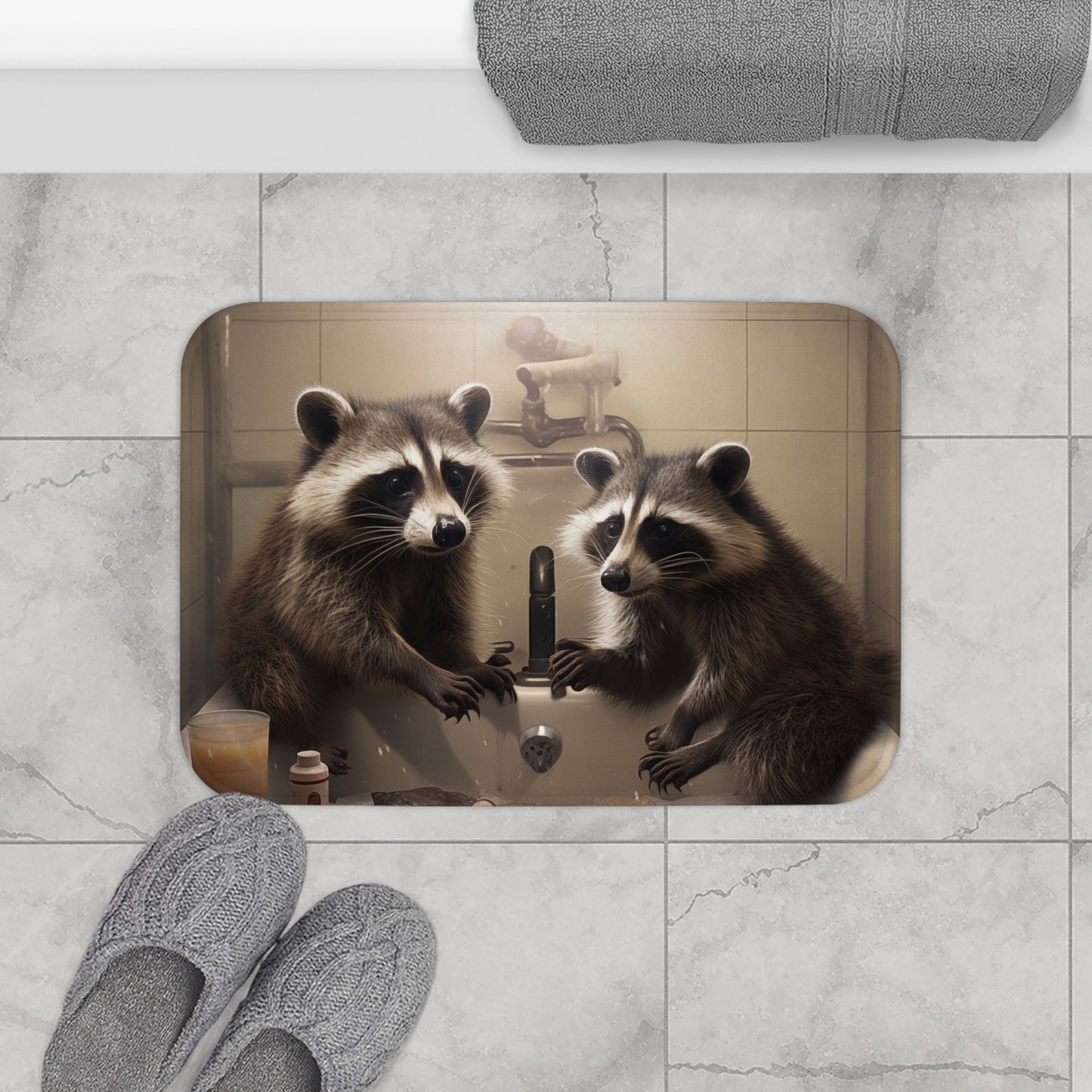 Funny Bath Mat - Non-Slip Rug, Bathroom Decor, Half Bath, Home Accessories, Bathing Raccoons, #5147