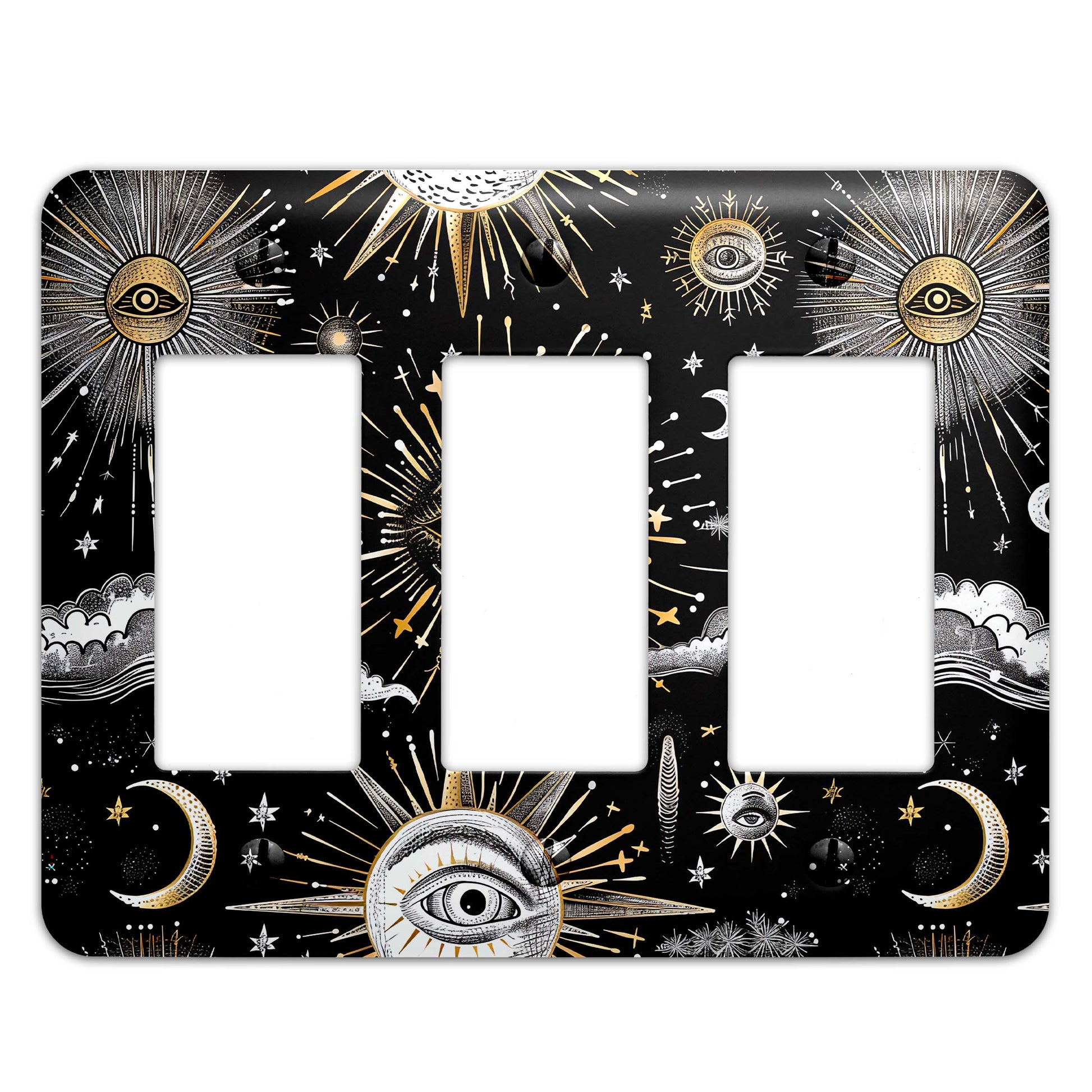 a double light switch plate with an eye on it