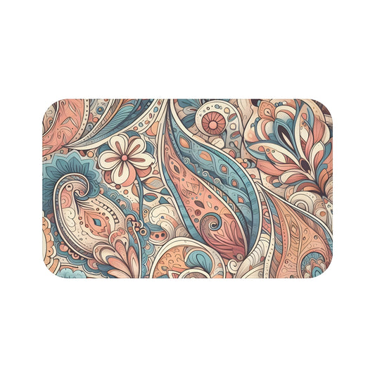 Blue and Coral Paisley Bath Mat - Bathroom Decor, Floral Decor, Bathroom Art #5160