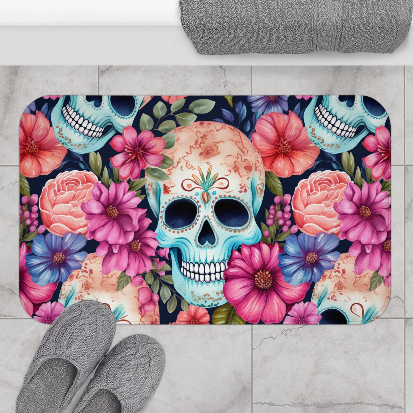 Floral Sugar Skulls Bath Mat - Non-Slip Bathroom Rug, Day of the Dead Decor, Shower Mat, Boho Home Accent, Skull Flower Bath