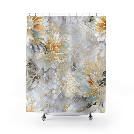 Japanese Style Gold and Silver Floral Shower Curtain,  Elegant Bathroom Decor, Nature-Inspired Bath, Bathroom Makeover,  #5120