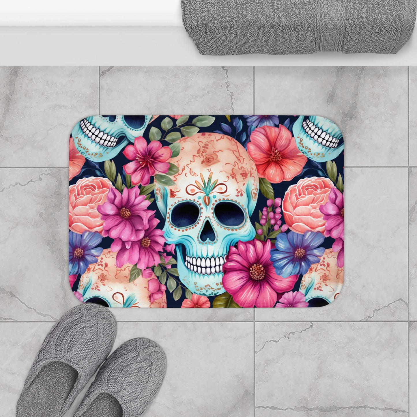 Floral Sugar Skulls Bath Mat - Non-Slip Bathroom Rug, Day of the Dead Decor, Shower Mat, Boho Home Accent, Skull Flower Bath